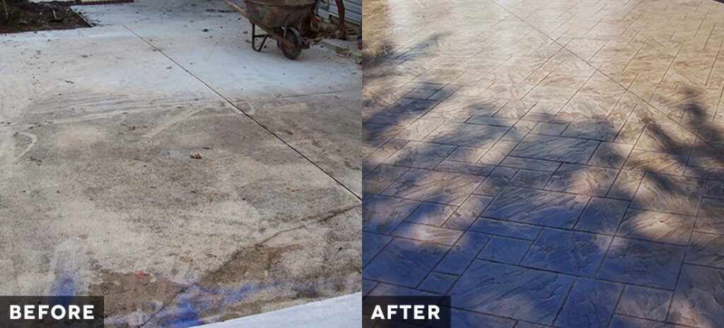 Before and after photo of a driveway.