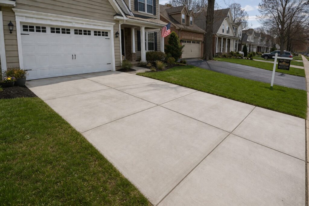 Suburban afternoon serenity with for sale sign