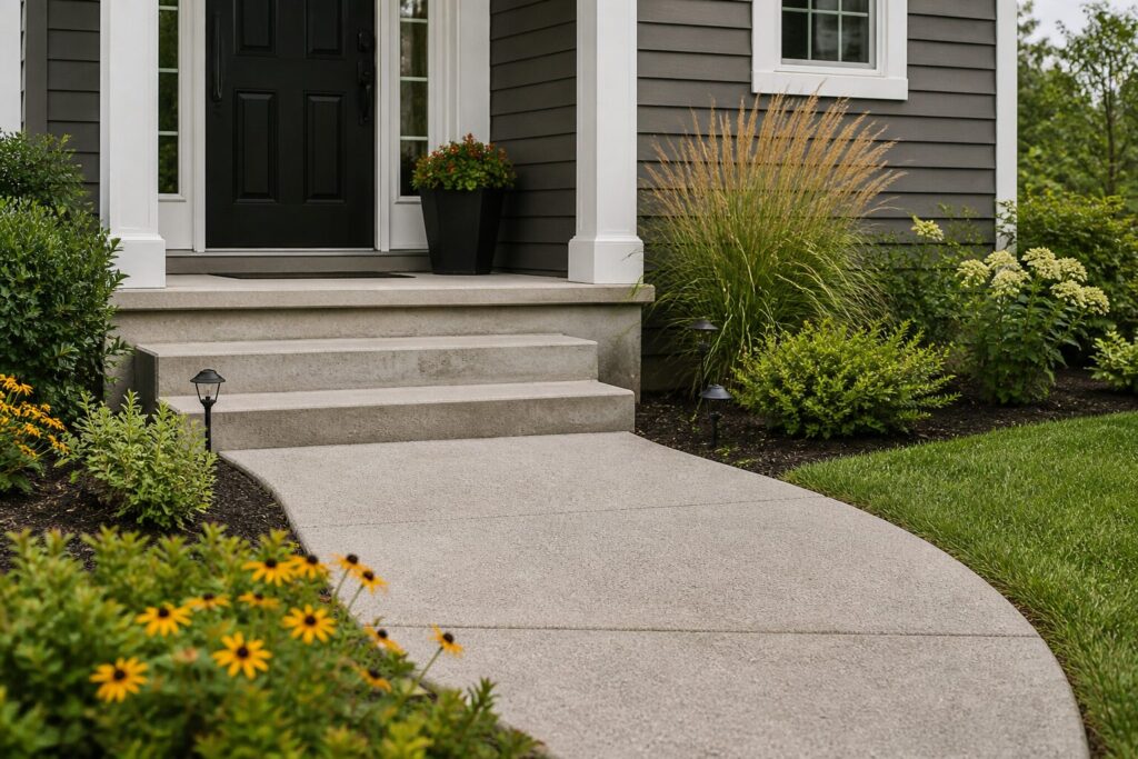 Concrete front steps and curved walkway leading to a clean, landscaped entryway of a suburban home