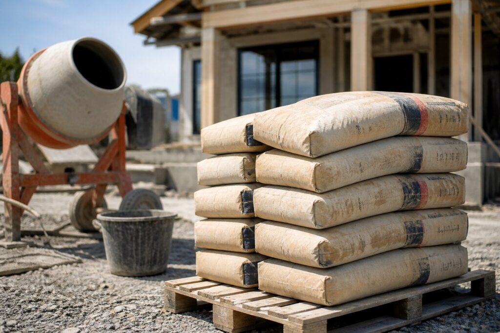 Stacked cement bags on a pallet at a residential construction site with a concrete mixer in the background, illustrating rising material costs in 2026
