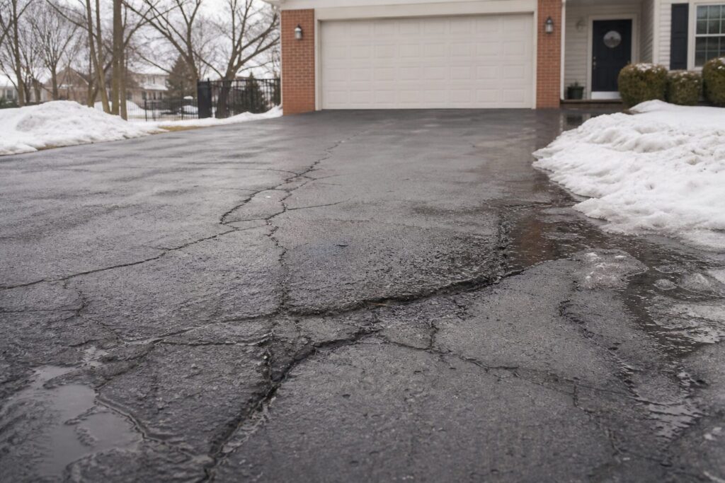 Cracked asphalt driveway with melting snow after a harsh winter in a suburban neighborhood