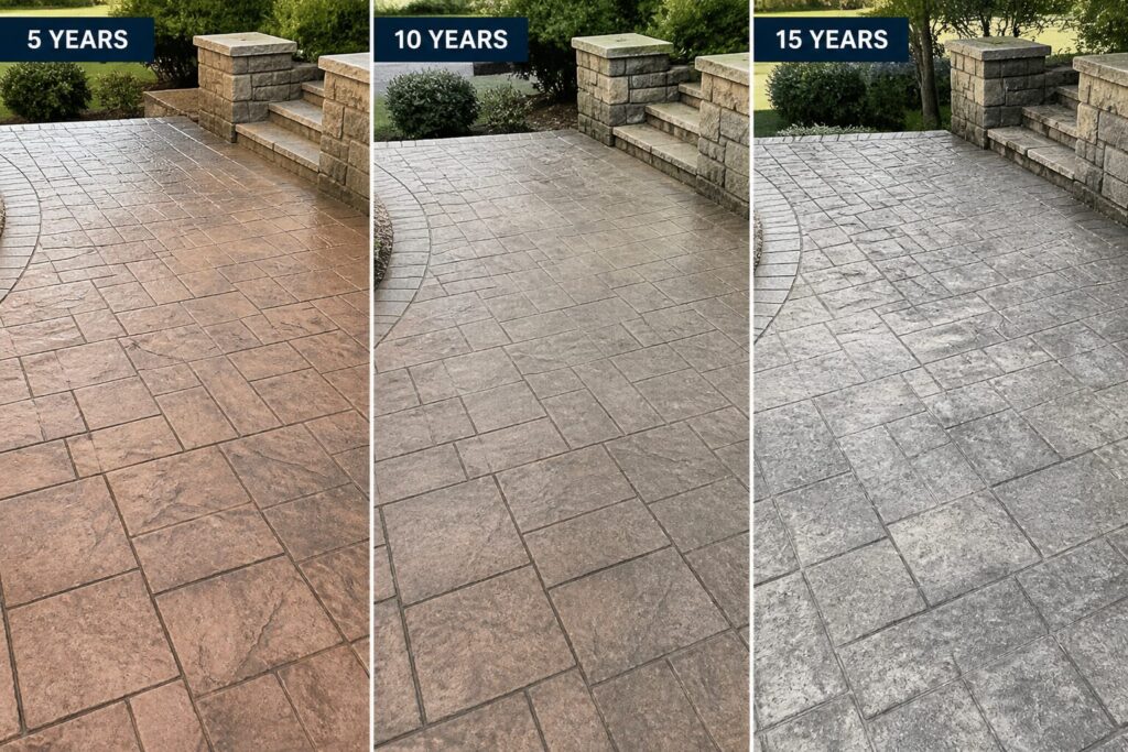 Side-by-side comparison of stamped concrete patio aging at 5, 10, and 15 years, showing color fading and surface wear in a residential outdoor setting