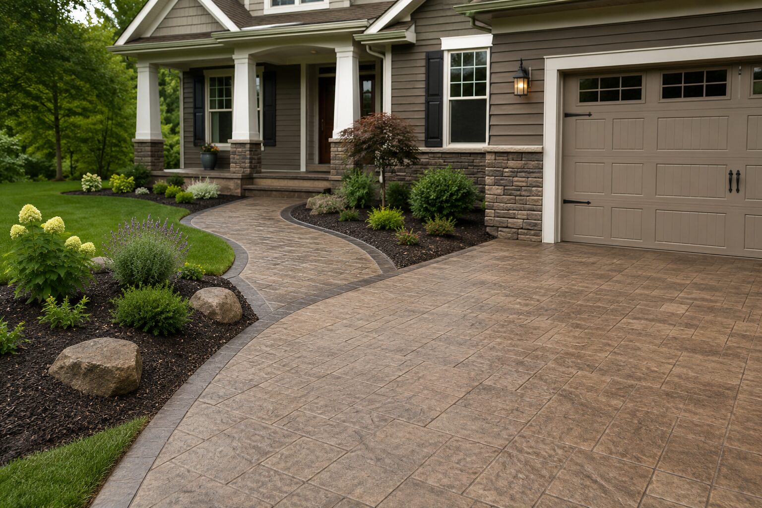 Stamped concrete driveway and curved walkway in warm earth-tone colors coordinated with a home's siding, stone accents, trim, and landscaping.