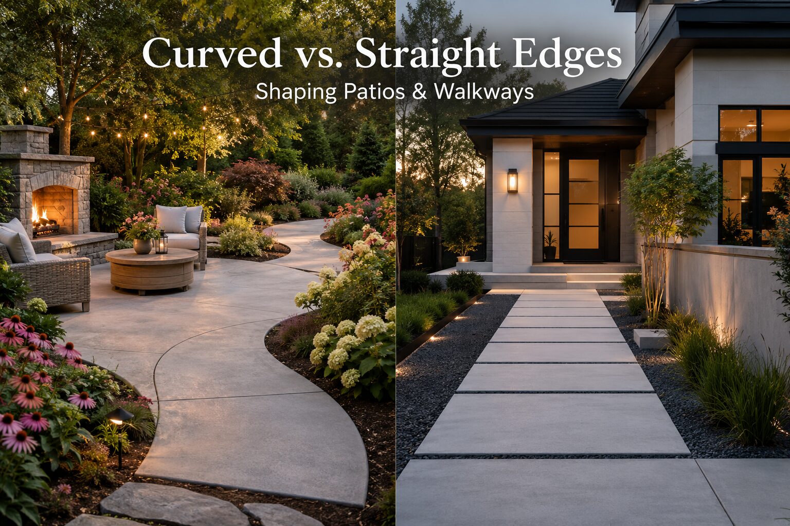 Split-view landscape design featuring a curved stamped-concrete patio and winding garden walkway on the left, contrasted with a straight-lined modern concrete walkway and minimalist outdoor living space on the right.