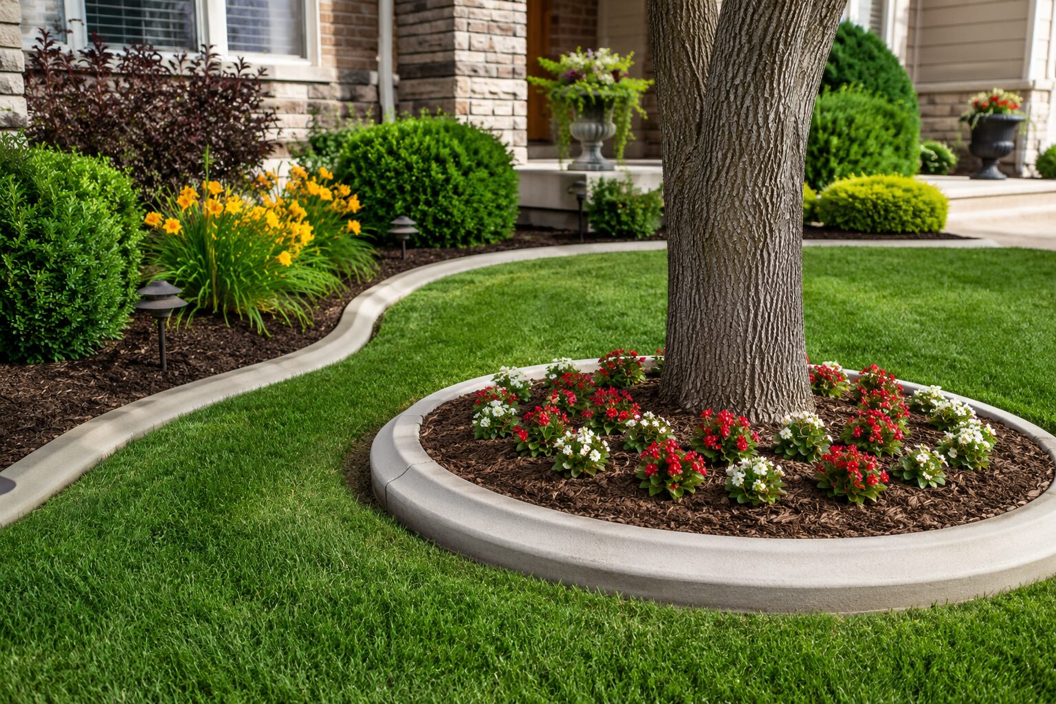 Curved concrete garden borders and a decorative tree ring frame a manicured lawn, colorful flower beds, and landscaped front yard, creating clean lines and a custom outdoor design.