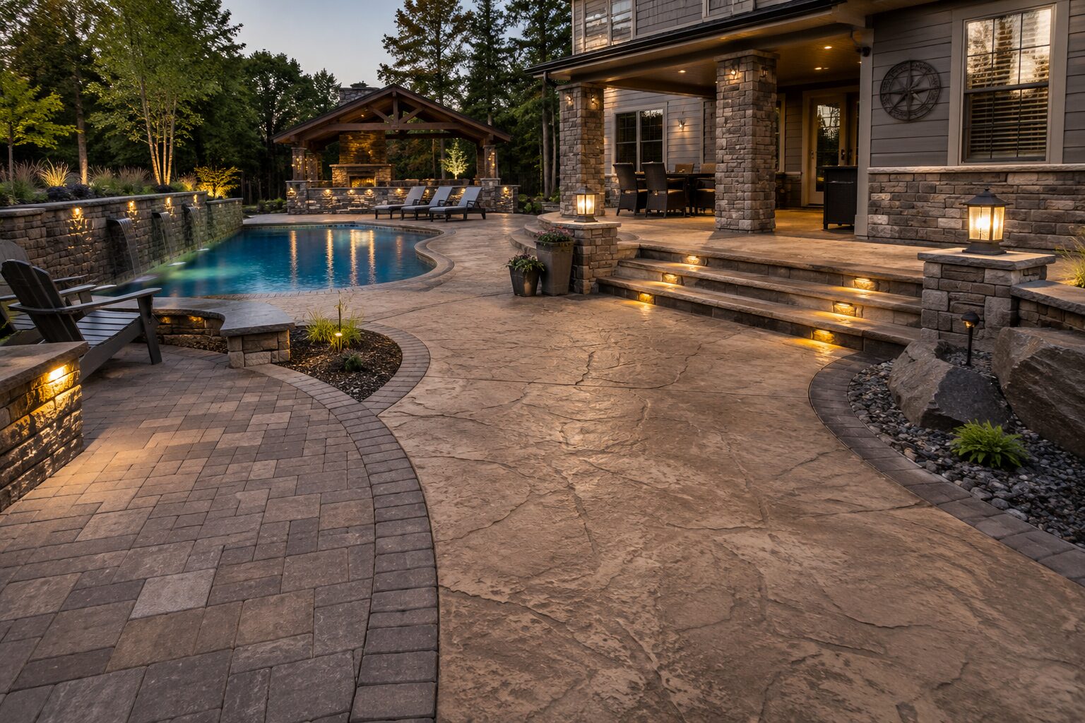 Stamped concrete patio combined with paver borders, natural stone walls, and a luxury backyard pool showcasing mixed-material outdoor design.