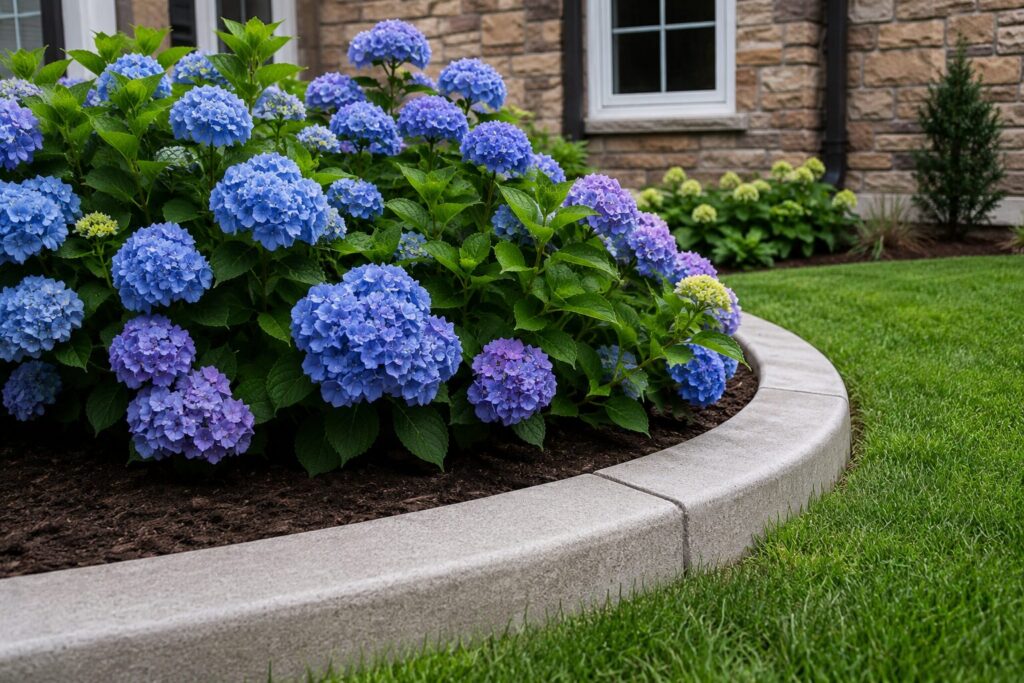 Blue hydrangea shrubs blooming beside curved concrete landscape curbing in a well-maintained Maryland residential garden.