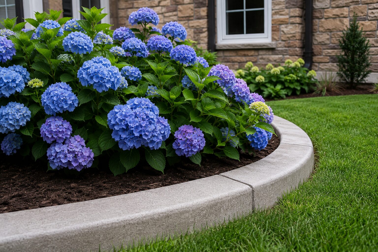 Blue hydrangea shrubs blooming beside curved concrete landscape curbing in a well-maintained Maryland residential garden.
