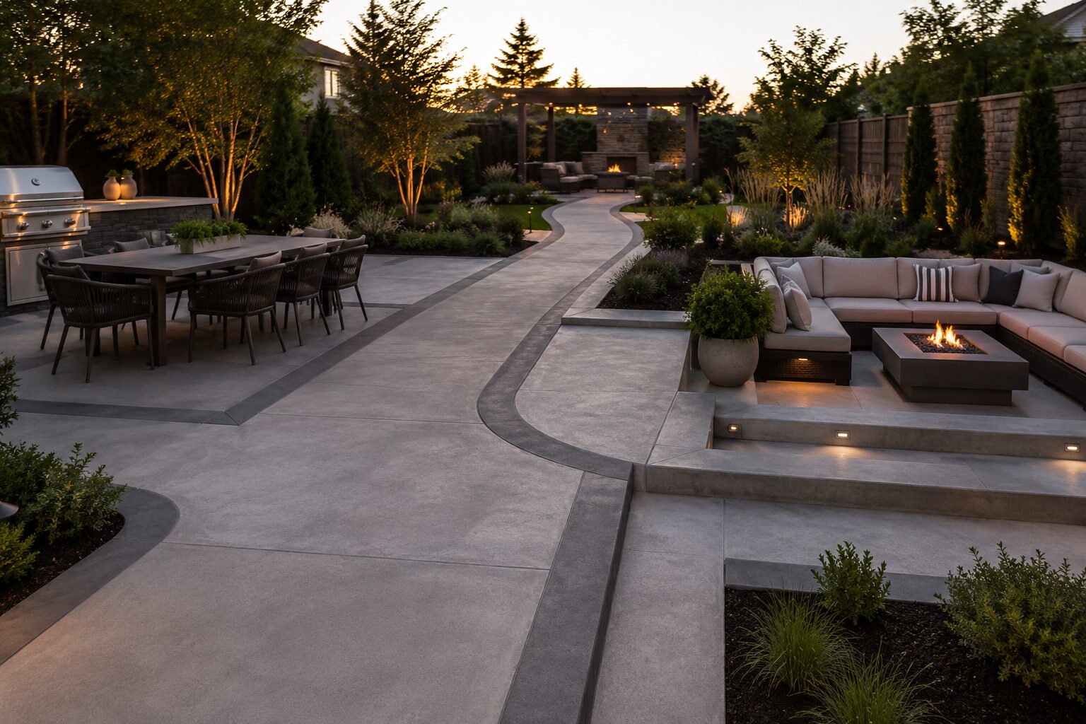 Modern backyard patio with distinct concrete outdoor zones, including a dining area, curved walkway, and sunken fire-pit lounge defined by border bands and level changes.