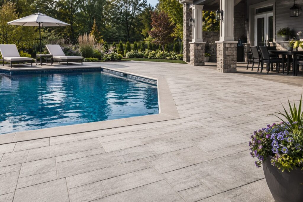 Modern backyard swimming pool with a light-colored stamped concrete deck, matching pool coping, lounge chairs, and covered patio, showcasing a cohesive and slip-resistant pool deck design.
