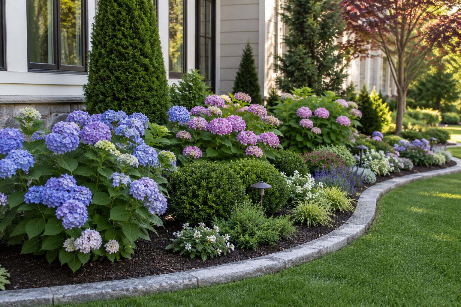 Curved hydrangea garden bed with stone edging, colorful blue and pink blooms, evergreen shrubs, and layered landscaping around a suburban Maryland home.