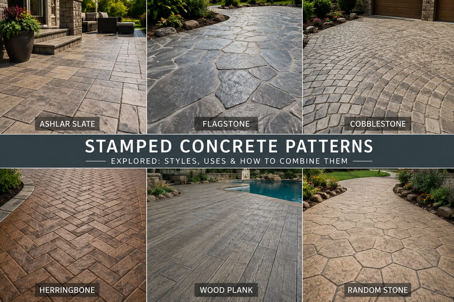 Photorealistic collage of stamped concrete patterns showing ashlar slate, flagstone, cobblestone, herringbone brick, wood plank, and random stone textures used for patios, driveways, and pool decks.