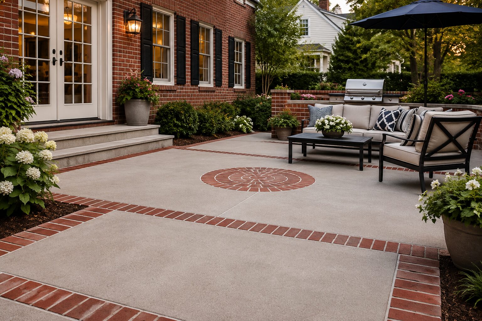 Concrete backyard patio featuring red brick borders, decorative brick banding, and a circular brick inlay beside a brick-front colonial-style home with outdoor seating and landscaping.