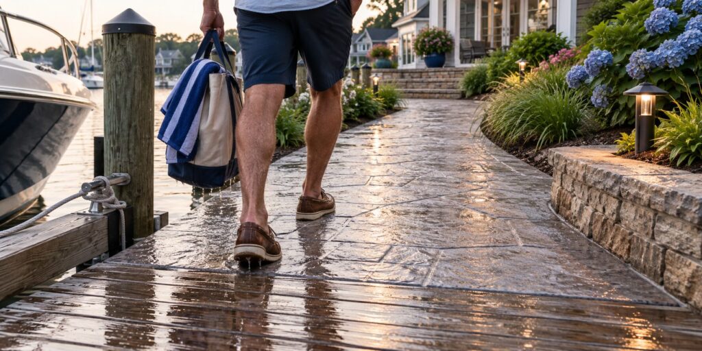 Homeowner with wet boat shoes walking from a wooden dock onto a slip-resistant stamped concrete walkway leading to a waterfront home, illustrating a safer dock-to-yard transition for Eastport boaters.