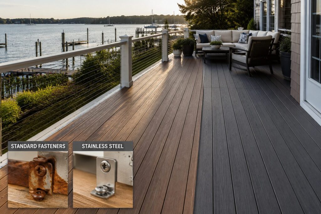 Photorealistic waterfront deck overlooking a calm marina, showing composite decking with modern cable railings and outdoor seating, alongside an inset comparison of rusted standard fasteners versus corrosion-resistant stainless steel hardware to illustrate the impact of salt air on coastal deck construction.