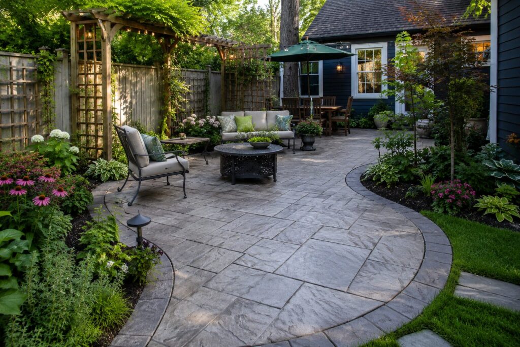 Photorealistic curved stamped concrete patio in a small Eastport cottage backyard, bordered by lush English-style garden beds, climbing trellises, mature landscaping, and cozy outdoor seating that softens hard edges and makes the compact space feel larger.
