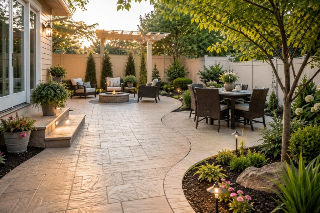 Light-colored stamped concrete patio with gently curved edges, landscaped garden borders, and layered outdoor living spaces that make a small suburban backyard feel larger and more inviting.