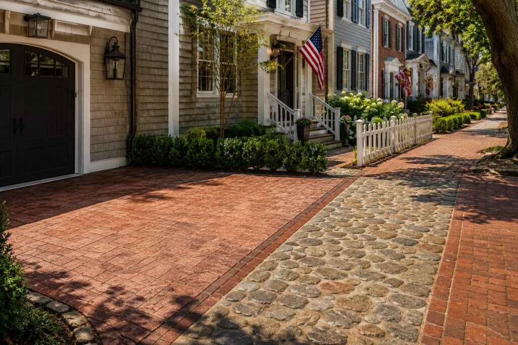 Photorealistic horizontal view of an Eastport-style historic neighborhood featuring a stamped concrete driveway with a classic brick pattern beside a cobblestone walkway, surrounded by charming waterfront cottages, mature shade trees, white picket fences, and traditional coastal landscaping that reflects Annapolis' historic character.