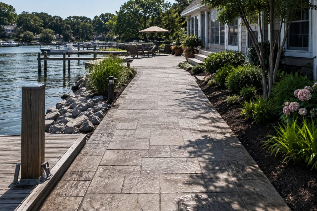 Wide, slip-resistant stamped concrete walkway connecting a private waterfront dock to a backyard patio, featuring a seamless, extra-wide design with landscaped borders and direct access to the home on a sunny coastal property.