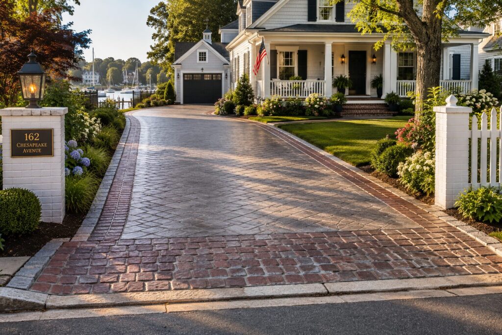 Photorealistic horizontal view of a historic coastal home's stamped concrete driveway featuring a smooth central field with decorative brick and cobblestone borders, creating an elegant driveway apron that enhances curb appeal in a charming Eastport-style waterfront neighborhood.
