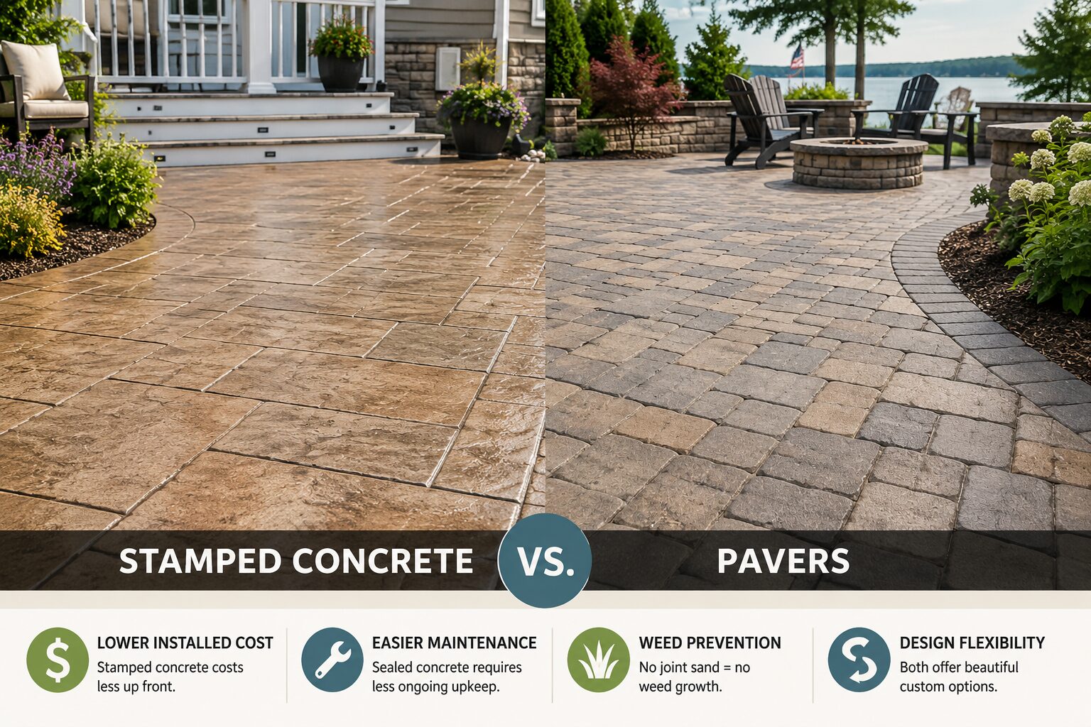 Side-by-side comparison of a stamped concrete patio and an interlocking paver patio in a landscaped Annapolis backyard, illustrating differences in appearance, maintenance, and long-term performance.