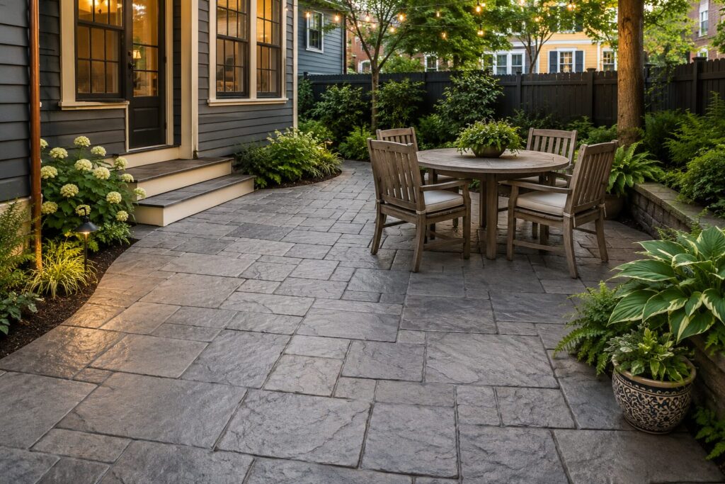 Photorealistic backyard of a historic Eastport-style cottage featuring a light gray ashlar slate stamped concrete patio with gently curved edges, surrounded by lush landscaping, string lights, and a wood dining set that makes the compact outdoor space feel larger and more inviting.