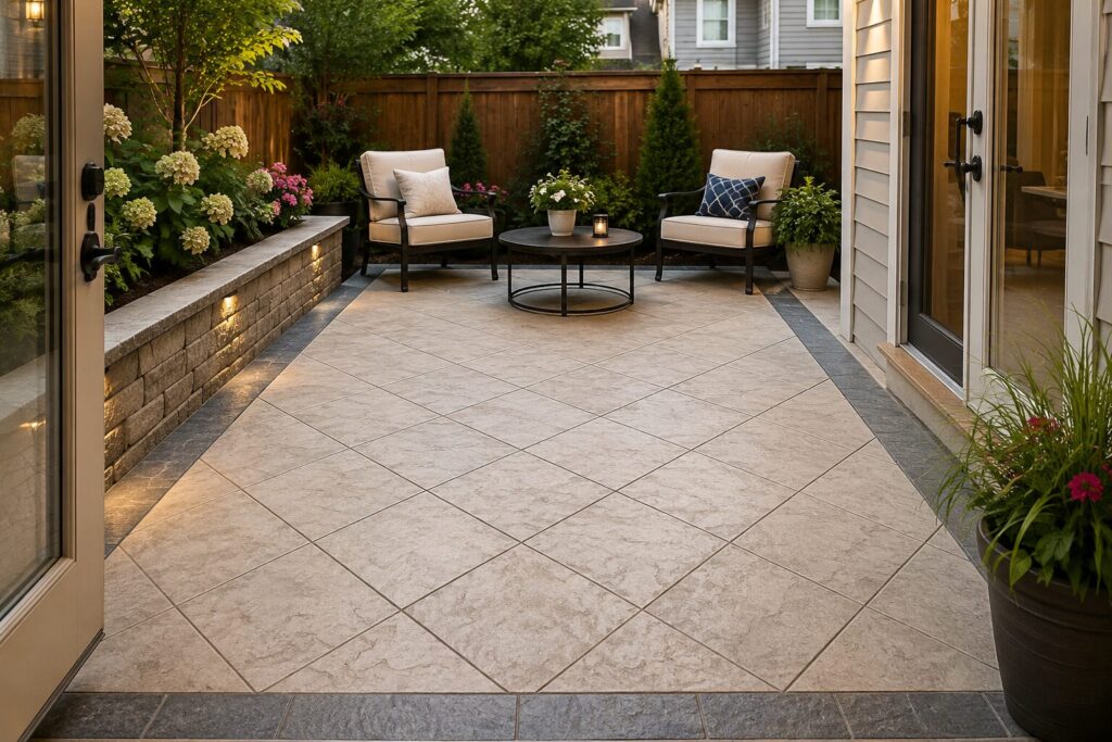 Light-colored stamped concrete patio with a diagonal pattern and contrasting border that visually expands a small backyard, featuring modern outdoor seating, landscaped planting beds, and a wood privacy fence viewed from the home's patio door.
