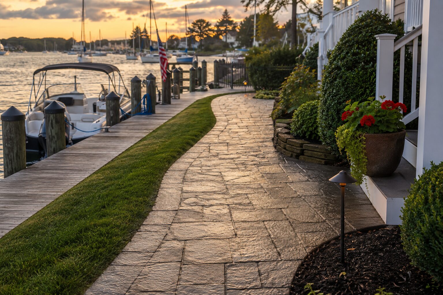Slip-resistant stamped concrete walkway connecting a private dock to an Eastport waterfront home, featuring a textured ashlar slate pattern, wet surface, landscaped borders, and boats moored along the marina at sunset.