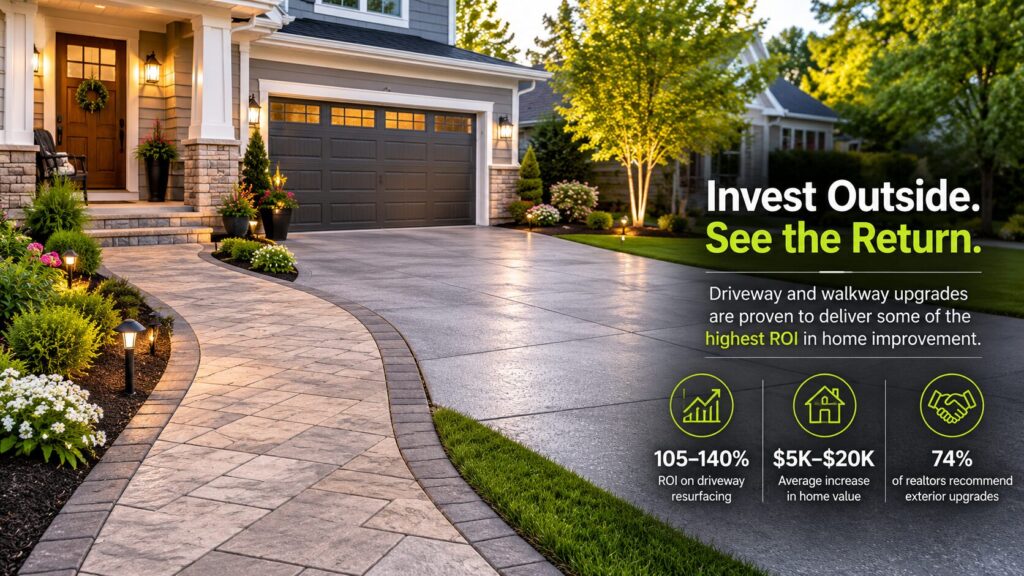 Beautiful suburban home with a newly installed stamped concrete driveway and matching curved walkway, enhanced landscaping, and strong curb appeal that illustrates the high return on investment of exterior hardscape upgrades before selling a home.