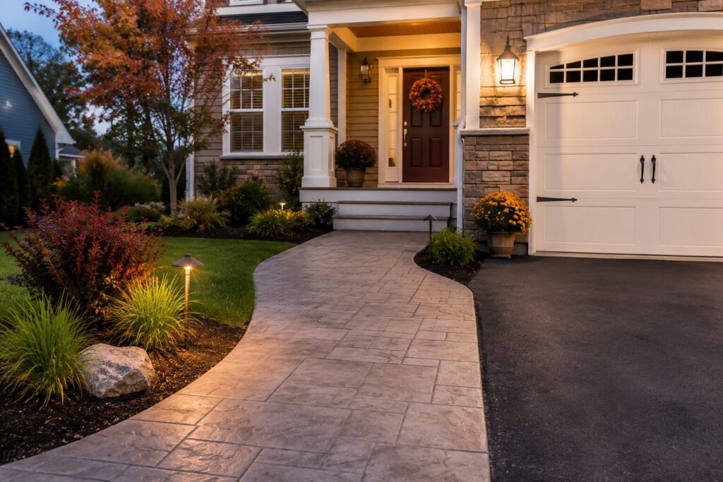 Luxury stamped concrete walkway and driveway apron leading to a well-maintained suburban home in early fall, showcasing premium curb appeal with landscaped gardens, warm exterior lighting, and a freshly upgraded entrance ideal for boosting home value before an autumn listing.