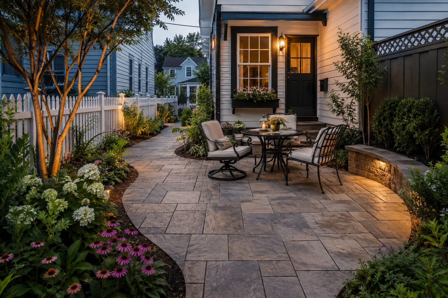 Stamped concrete patio with an ashlar slate pattern in a compact Eastport cottage backyard, featuring curved edges, lush garden beds, and outdoor seating that maximizes a narrow historic lot.
