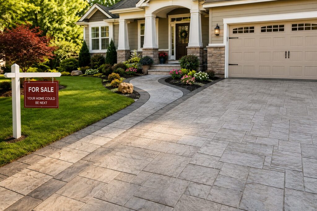 Beautiful Maryland home with fresh landscaping, a light-colored stamped concrete driveway and curved walkway, showcasing strong curb appeal and a welcoming front entrance with a for-sale sign.