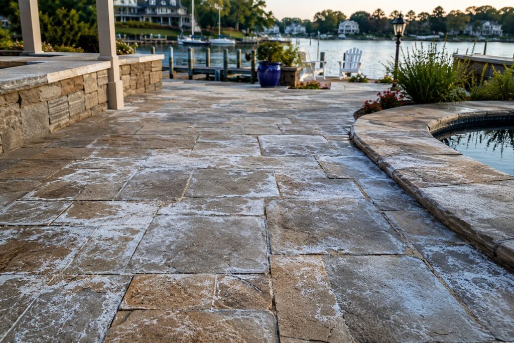 Photorealistic waterfront patio featuring natural stone pavers with visible white efflorescence and salt deposits near a pool and dock, illustrating how moisture, salt air, and improper sealing can damage stone surfaces in coastal environments.