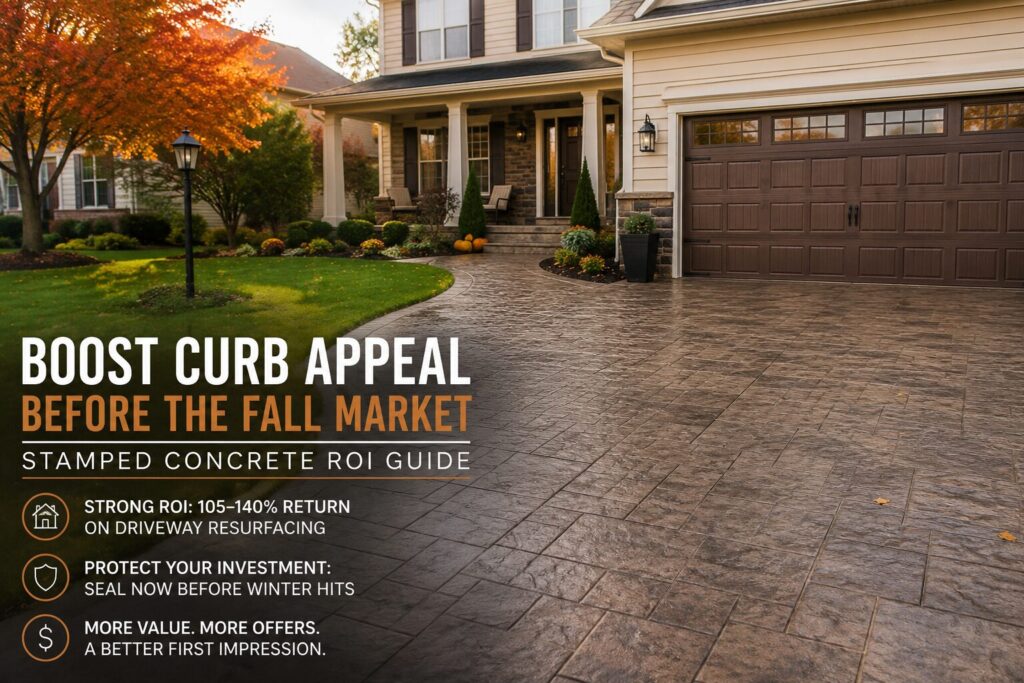 Luxury stamped concrete patio designed for a small suburban backyard with a built-in fire pit, seating wall, landscape lighting, and light-colored finish that makes the compact outdoor space feel larger.