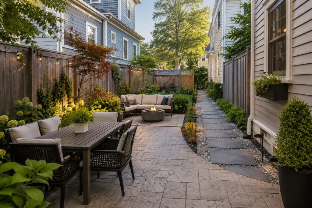 Photorealistic horizontal view of a long, narrow backyard with a stamped concrete patio divided into dining and lounge zones, surrounded by lush landscaping, modern outdoor furniture, and a landscaped side yard walkway, demonstrating how thoughtful hardscape design maximizes a compact Eastport-style lot.