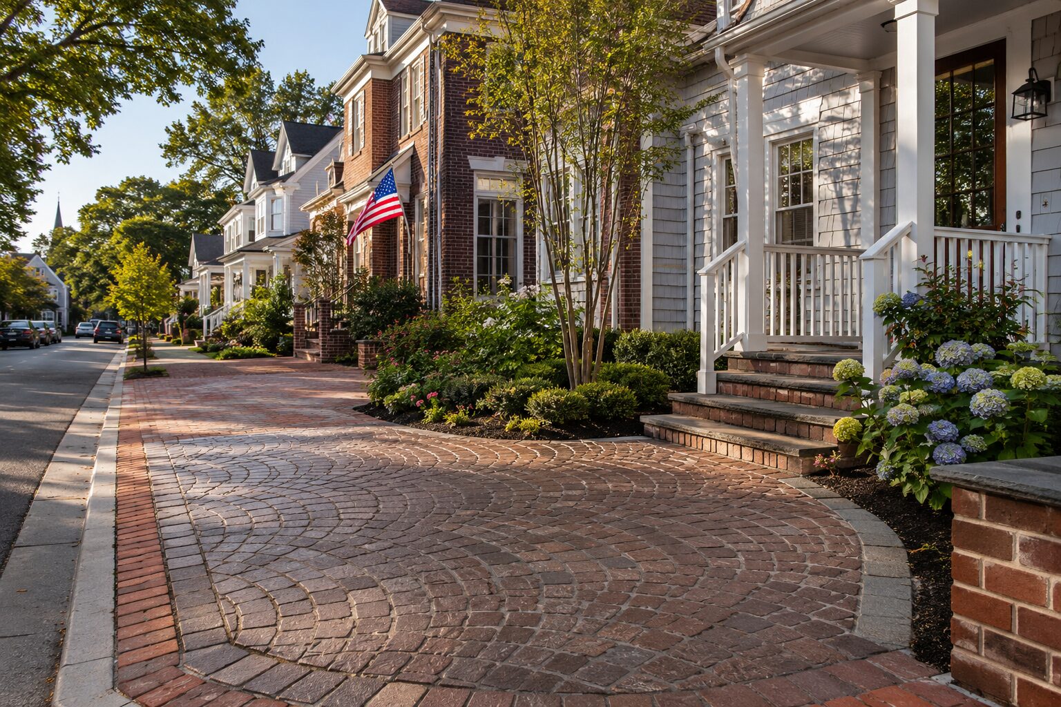 Photorealistic view of an Eastport neighborhood streetscape featuring historic cottages and newer coastal homes with a brick and cobblestone stamped concrete driveway and walkway, landscaped gardens, and classic curb appeal inspired by Chesapeake Avenue.