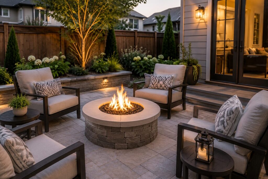 Compact backyard patio featuring a built-in round gas fire pit on a light-colored stamped concrete patio with four cushioned chairs, landscaped planting beds, and warm evening lighting, demonstrating a luxury small-space outdoor living design.