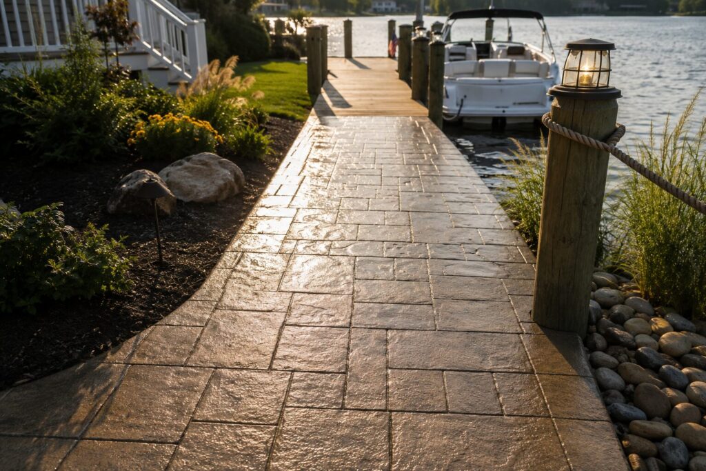 Wet stamped concrete walkway with a slip-resistant textured finish leading from a waterfront backyard to a private dock, illustrating safe dock-to-home access for boaters in a coastal residential setting.