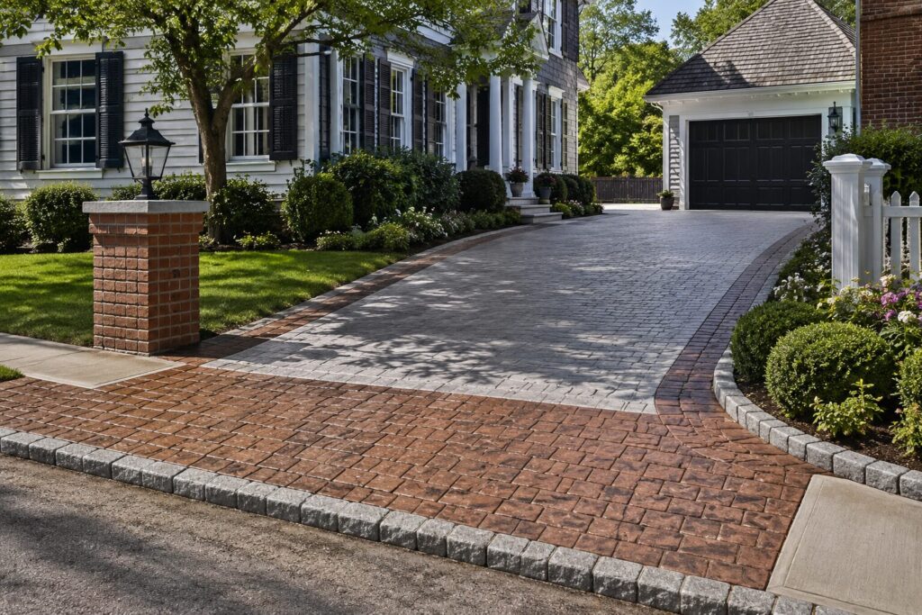 Photorealistic horizontal view of a historic-style home with a stamped concrete driveway featuring a brick-pattern apron, cobblestone border, and granite edging, showcasing classic curb appeal with the durability of modern decorative concrete.