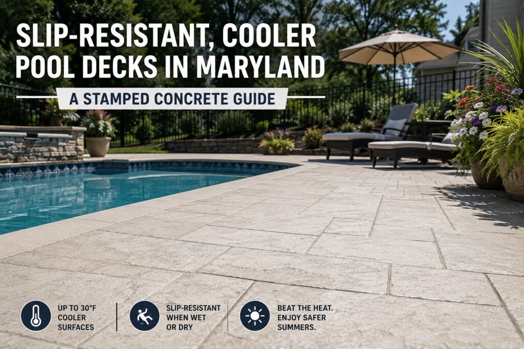 Light-colored stamped concrete pool deck surrounding a backyard swimming pool in Maryland, showcasing a textured, slip-resistant surface designed to stay cooler during hot summer weather.