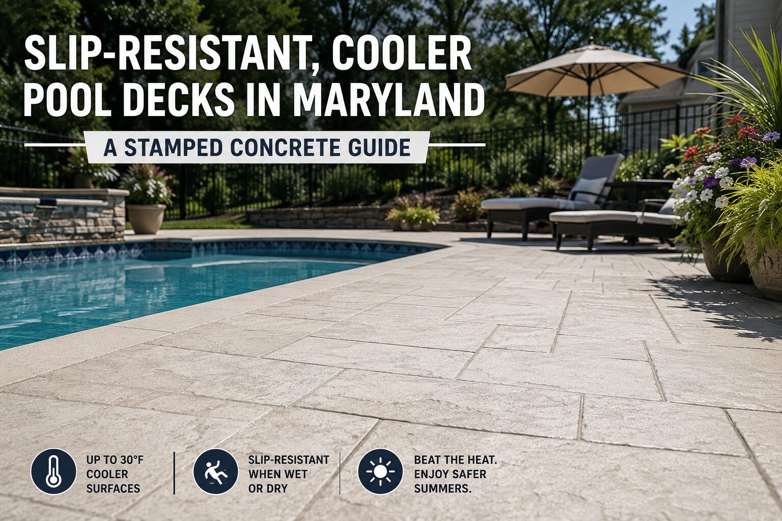 Light-colored stamped concrete pool deck surrounding a backyard swimming pool in Maryland, showcasing a textured, slip-resistant surface designed to stay cooler during hot summer weather.