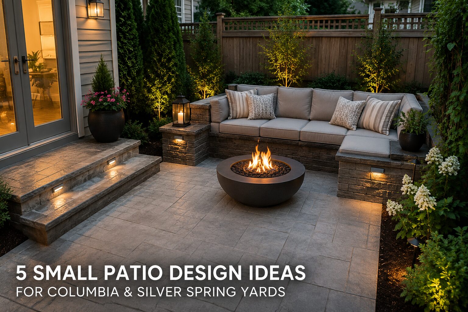 Luxury stamped concrete patio designed for a small suburban backyard with a built-in fire pit, seating wall, landscape lighting, and light-colored finish that makes the compact outdoor space feel larger.