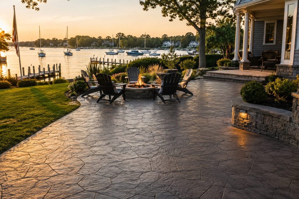 Photorealistic waterfront backyard featuring a professionally installed stamped concrete patio overlooking a calm marina at sunset, with a fire pit, outdoor seating, landscaped borders, and a durable decorative concrete surface designed for long-term performance in Annapolis coastal conditions.