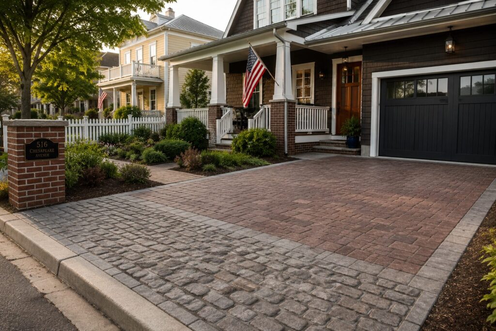 Photorealistic horizontal view of a Craftsman-style home on a tree-lined Eastport neighborhood street featuring a stamped concrete driveway with a brick-pattern center, cobblestone border, and landscaped front yard that complements Annapolis's historic waterfront character.