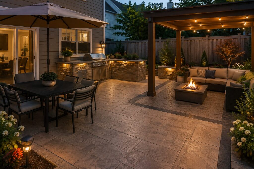 Compact stamped concrete patio with clearly defined outdoor dining, lounge, and built-in grilling zones, demonstrating a multi-purpose backyard design for a small residential yard with seamless transitions and vertical landscaping.