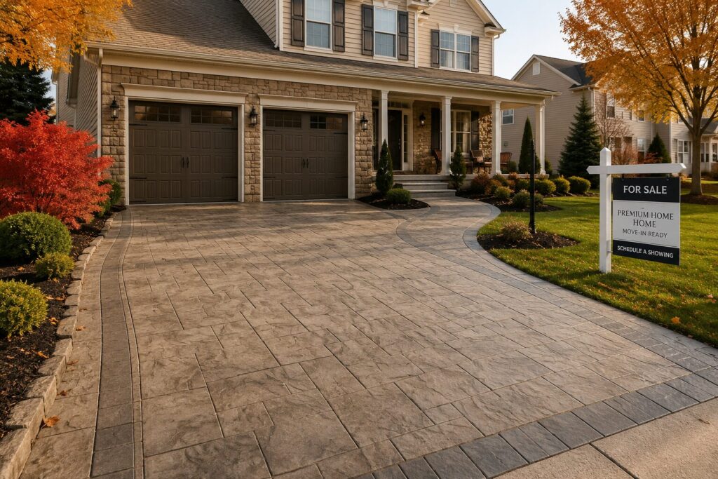 Freshly sealed stamped concrete driveway and curved walkway at a Maryland home in autumn, showcasing durable curb appeal before winter weather and a fall real estate listing.