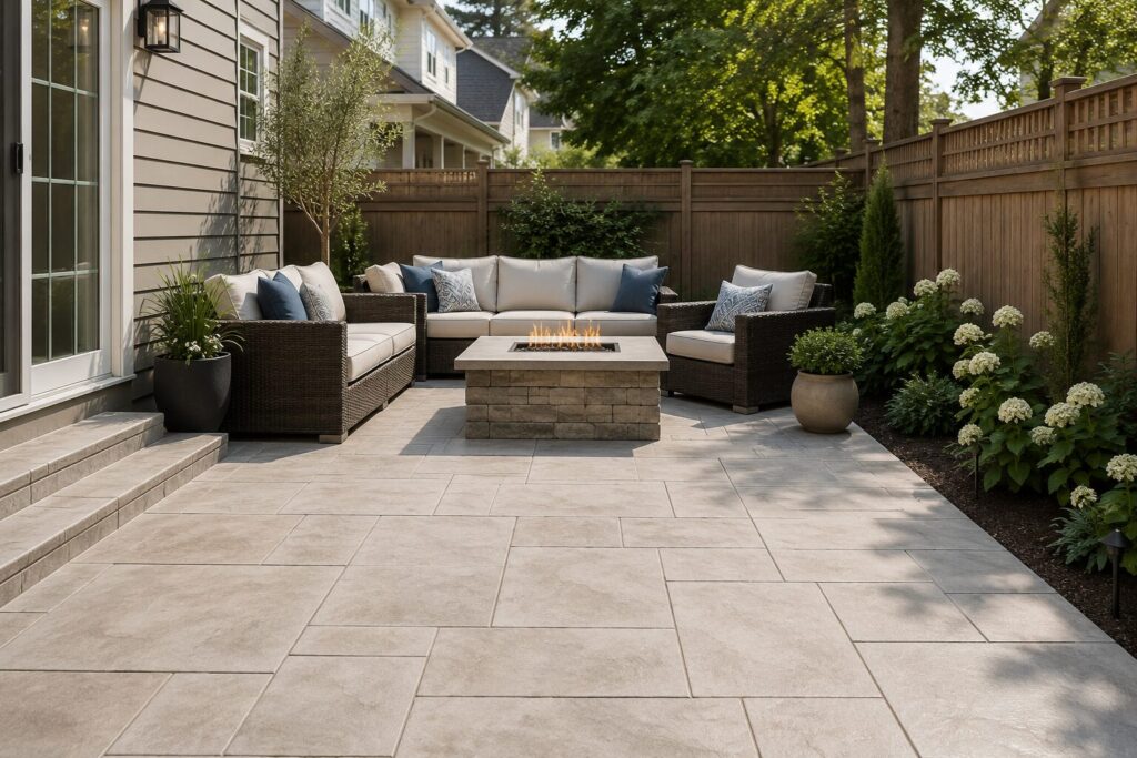 Light-colored stamped concrete patio with a large-format ashlar slate pattern, modern outdoor seating, and a fire pit, demonstrating how reflective surfaces make a small backyard feel brighter and more spacious.