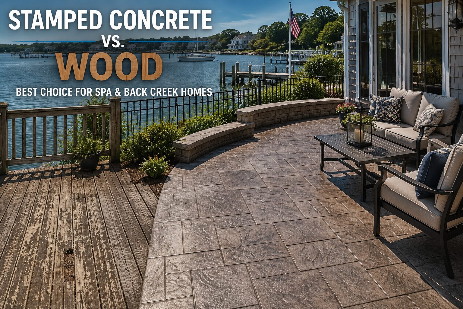 Stamped concrete patio beside a weathered wood deck on an Annapolis waterfront home, illustrating the durability of sealed concrete versus wood in the salt-air conditions of Spa Creek and Back Creek.