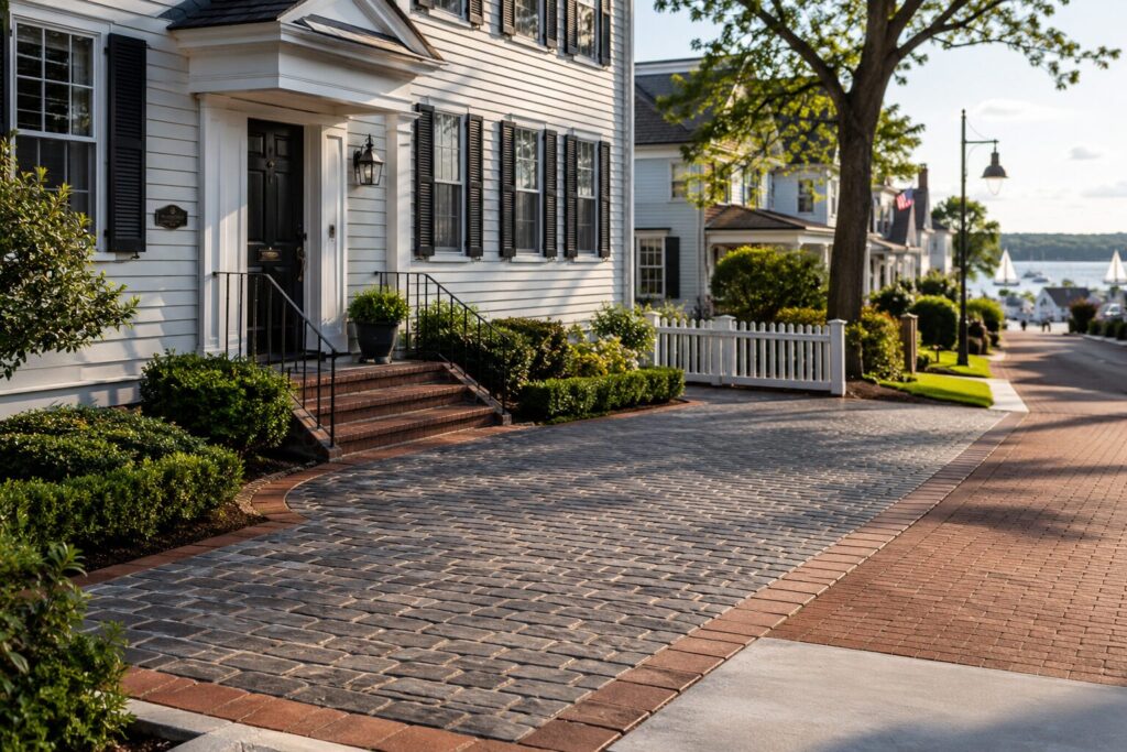 Photorealistic view of a historic-style waterfront home in Annapolis's Eastport neighborhood featuring a cobblestone-pattern stamped concrete driveway with brick border, landscaped front yard, and Chesapeake Bay visible in the background, illustrating design that complements historic district character.