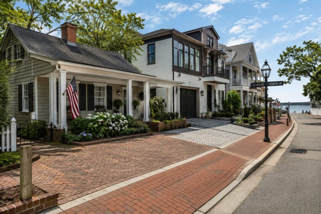 Historic Chesapeake Avenue in Eastport, Annapolis, featuring a charming 1920s cottage beside a modern waterfront home with brick and cobblestone-style stamped concrete driveways and walkways that complement the neighborhood's historic maritime character.